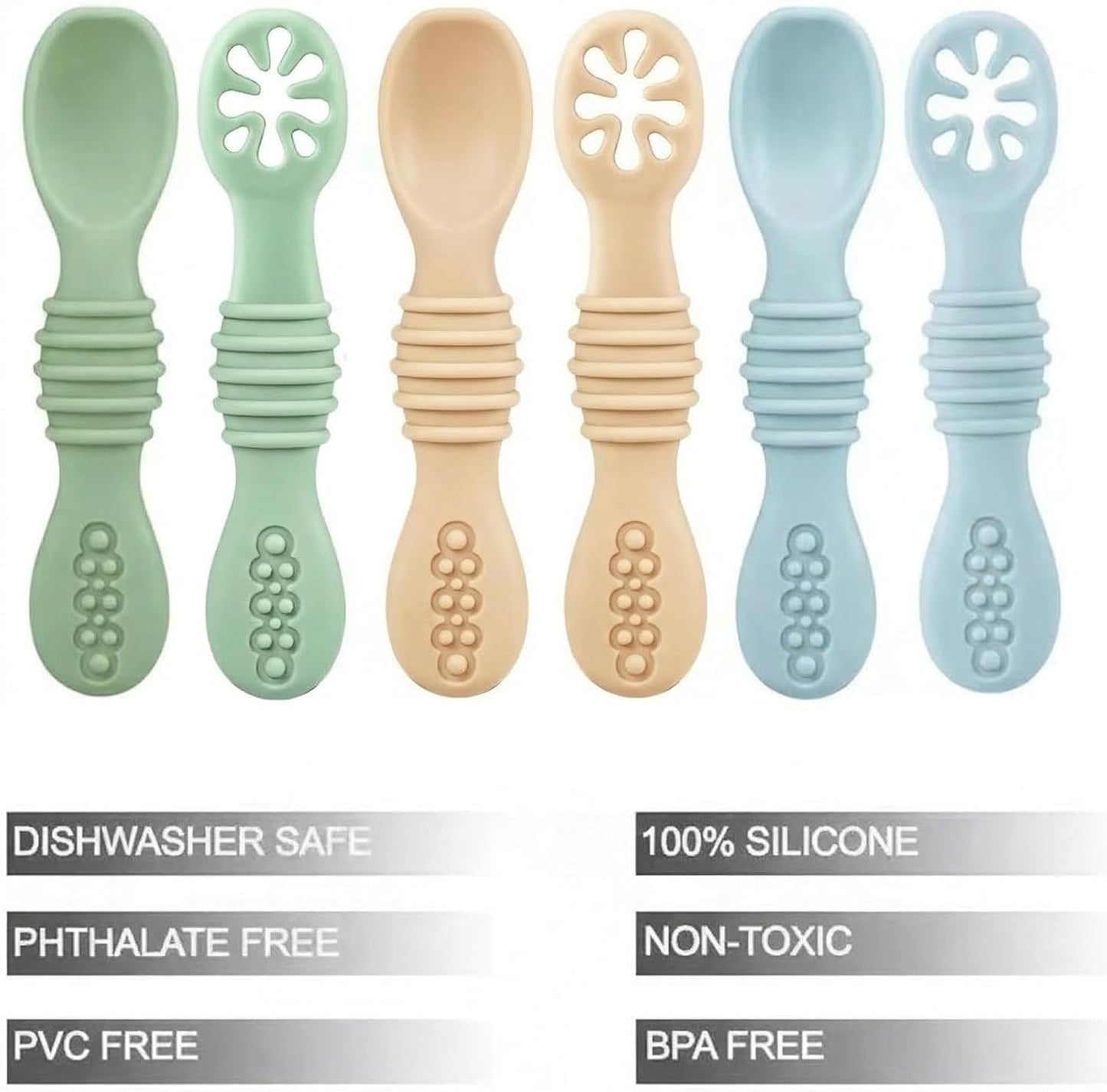 PandaEar Silicone Baby Spoons - 6 Pack for Baby Led Weaning | Self Feeding Utensils 6+ Months (Blue, Green, Beige)