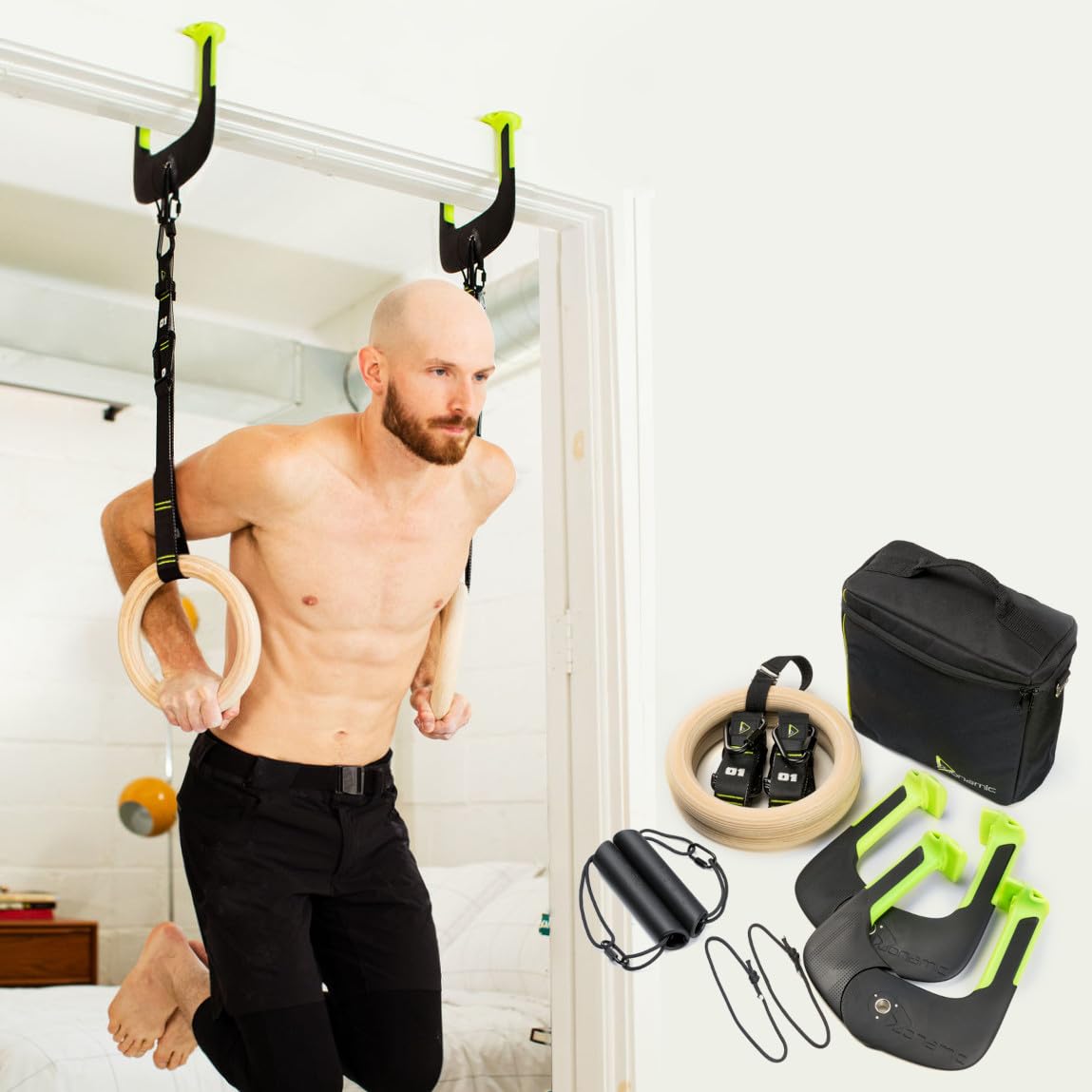 Eleviia Ultimate Pullup Travel Package: 9-Piece Kit Includes The Original Eleviia Doorway Pullup Bar System, Wooden Rings and Travel Straps, and Super Compact Travel Bag
