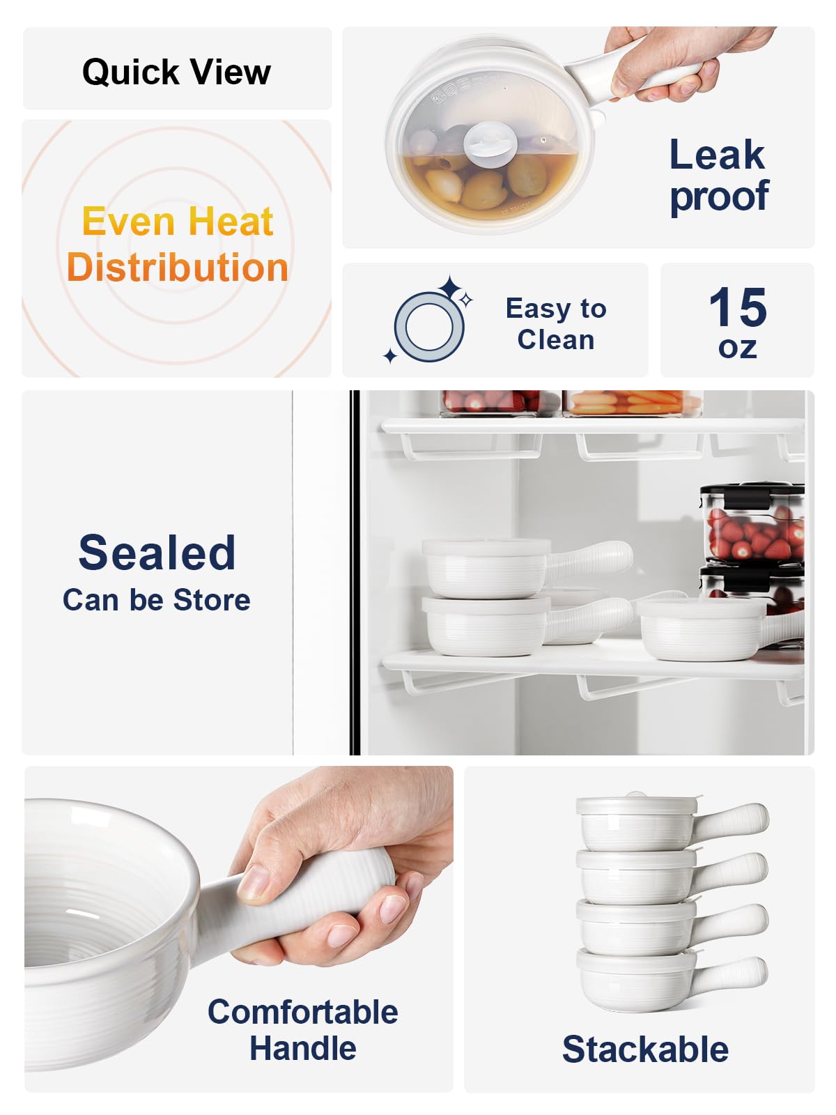 LE TAUCI Soup Bowls with Handles and Silicone Lids, 15 Oz French Onion Soup Bowls, Non-Toxic Ceramic Soup Crocks for Noodles, Stew, Cereal and Chilli, Oven Microwave Dishwasher Safe, Set of 4, White