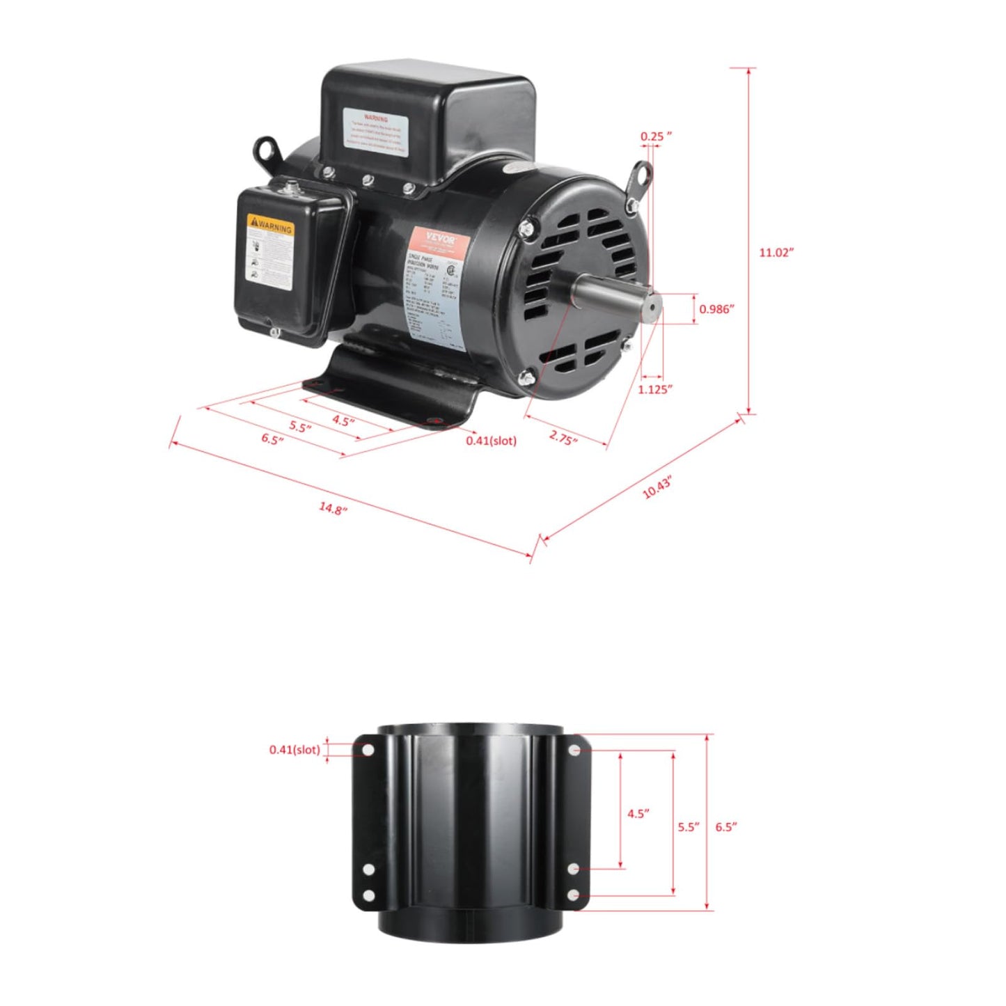 VEVOR 5HP Air Compressor Electric Motor, 230V 25 Amps, 56HZ Frame 3450RPM, 7/8" Keyed Shaft, 2.25" Shaft Length, Single Phase, CCW/CW (Factory Setting is CCW)