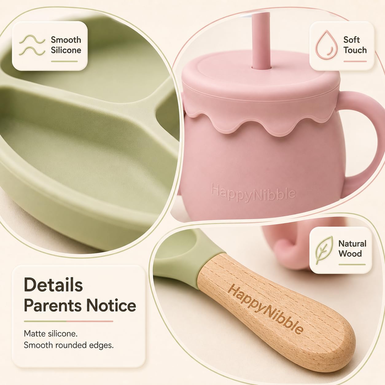 HappyNibble Baby Led Weaning Silicone Feeding Set, 2 Pack - Divided Suction Plates with Lids, 2-in-1 Sippy Cups, Spoons & Forks for Babies 6-36 Months, First Foods Shower Gift, BPA Free