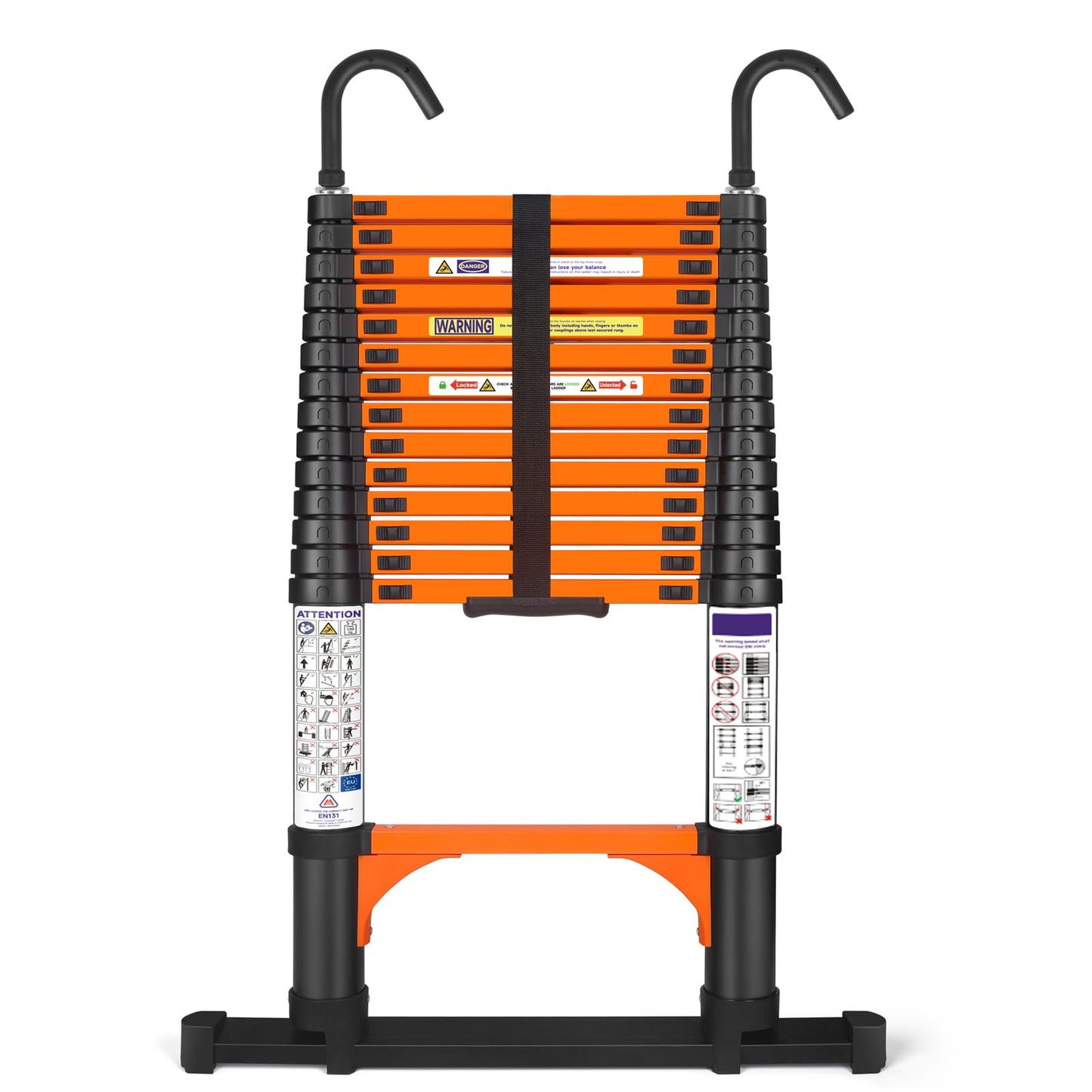 14.5FT Telescoping Extension Ladder for RV Attic Home, Multi-Purpose Collapsible Ladder with Non-Slip Feet, Lightweight Retractable Telescopic Ladder with 2 Triangle Stabilizers & Safety J-Hook