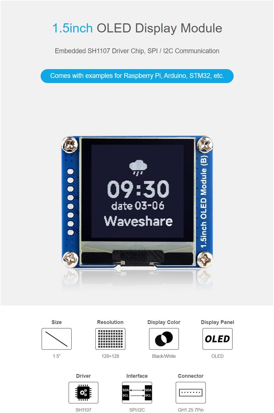 Coolwell 1.5 Inch STM32 I2C Communication 128128 SH1107 OLED Display Module for Raspberry Pi Arduino SPI / Black/White