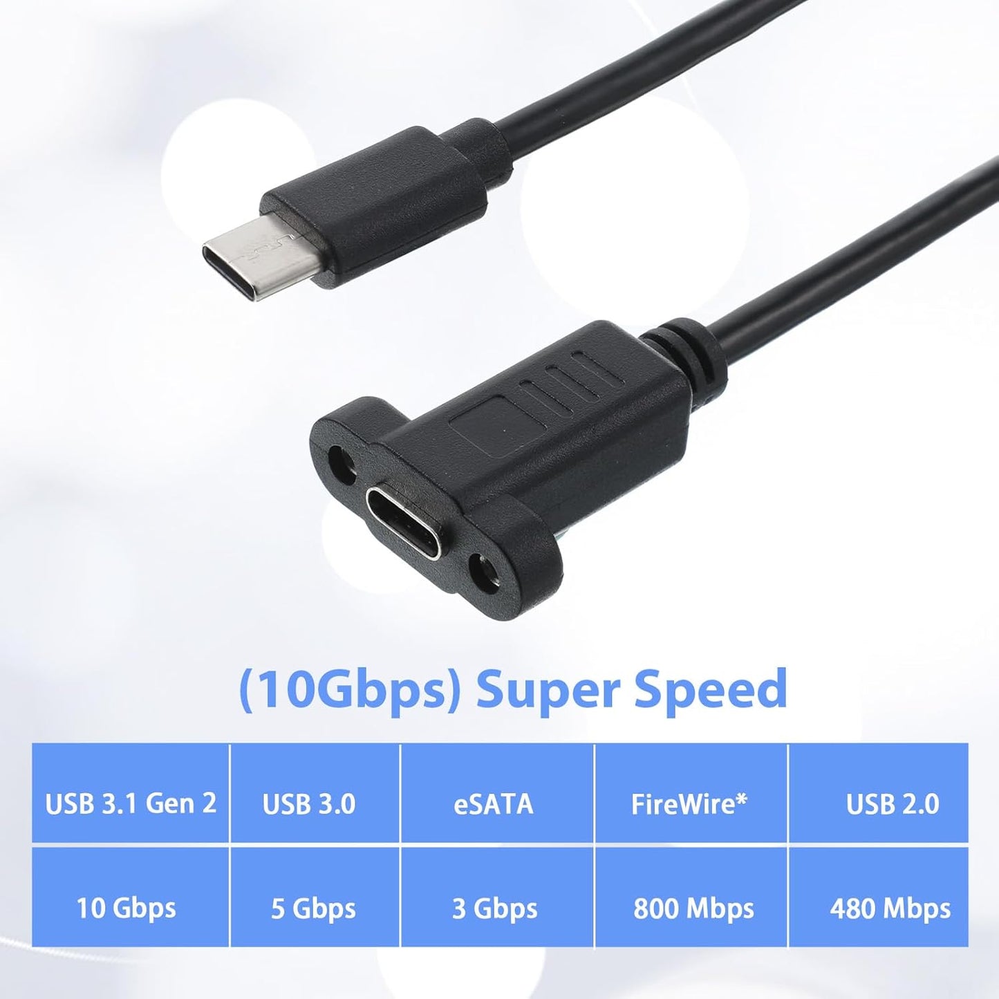 FdcLixuvol 3.1Panel 10gbps (30cm/1ft) USB Type C Male to Female Cable, USB Type C Mount Adapter Cable Panel Mount