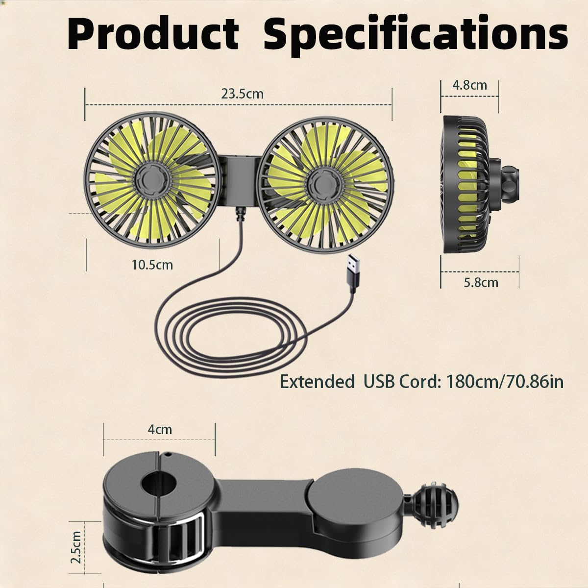 3 360 Car Fans for Backseat Kids, Car Fans Dual Head that Blow Cold Air, Cooling USB Back Seat Speed Degree Rotatable