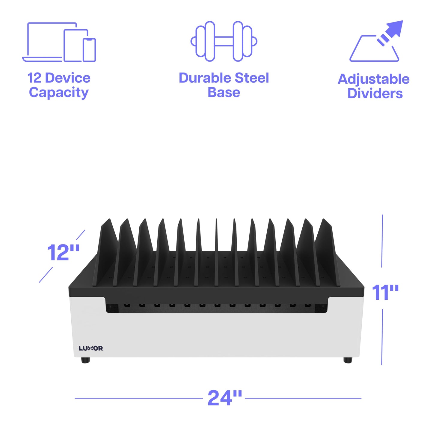 Line Leader 12-Device Open Charging Station | Compact Desktop Charger for Laptops, Tablets, & Chromebooks | Space-Saving Design with Adjustable Dividers & UL Safety-Certified Power Strip