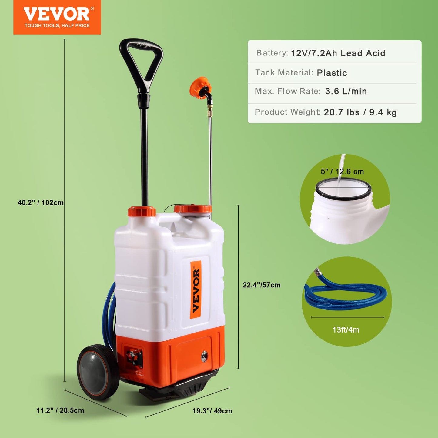 VEVOR 4 Gallon Battery Powered Backpack Sprayer with Wheeled Cart, Adjustable 0-94 PSI, 13FT Hose, 6 Nozzles, 2 Wands Included, Wide Mouth Lid for Weeding, Cleaning, Long Spray Time Without Fatigue