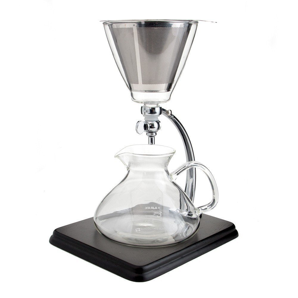 Yama Glass Silverton 16oz Coffee & Tea Brewer - Heat-Resistant Borosilicate Glass with Black Wood Base and Stainless Steel Filter