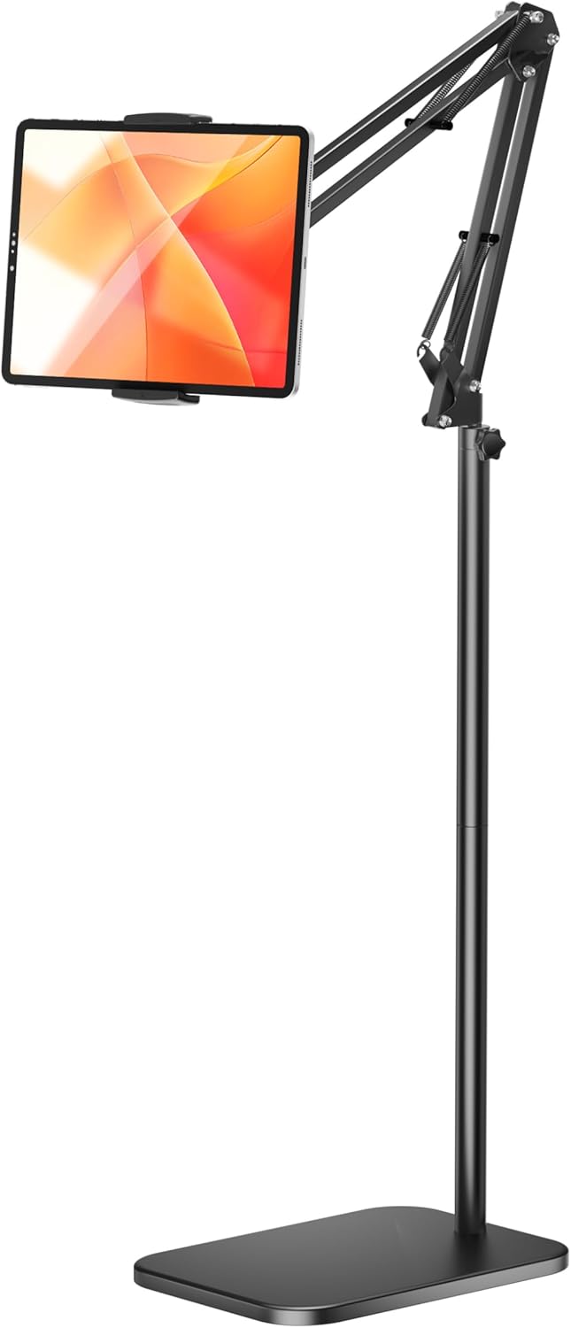 TabHolderix 4.5LB Tablet Floor Stand with Heavy Metal Base,Overhead Bed Phone Stand Angle Height Adjustable Holder