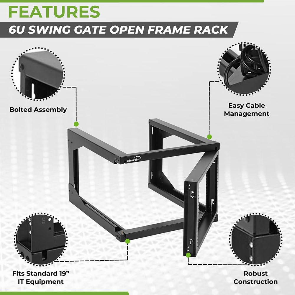 NavePoint 6U Server Rack with Swing Gate - Wall Mount Rack for 19 Inch IT & AV Equipment - 18' Deep, Black