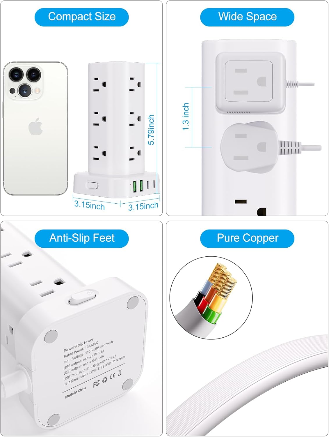UWIWUTEI 12 4 (2 6FT Power Strip Tower with Multiple Outlets, Flat Plug Surge Protector Tower Extension Cord with AC