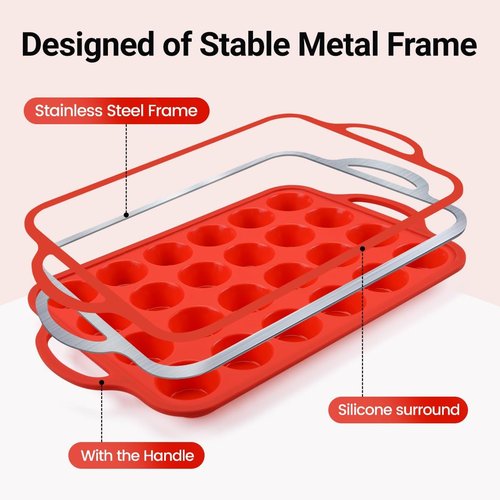 CAKETIME Silicone Mini Muffin Pan - 24-Cup BPA-Free Muffin Molds with Metal Reinforced Frame & Handles | Red 2-Pack