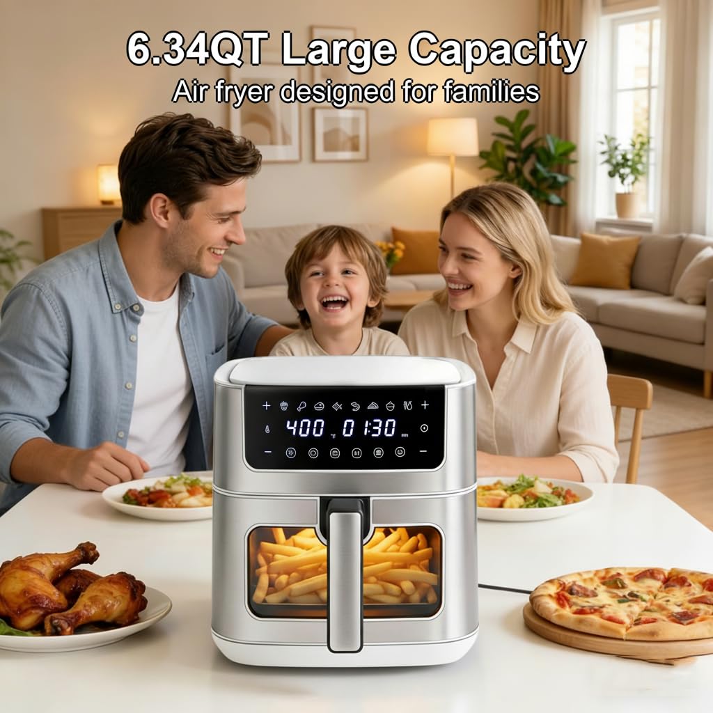 HealSmart 6.34 Qt Air Fryer with Window, 8-in-1 Digital AirFryer Oven, 1700W, Nonstick Dishwasher-Safe Basket, Air Fry, Roast, Dehydrate, 90-Min Timer, Stainless Steel, White