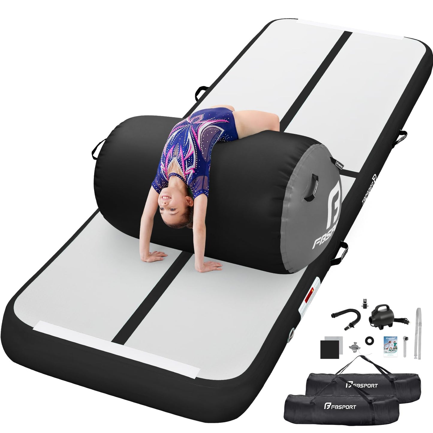 FBSPORT Inflatable Air Gymnastics Mat 4 inches Thickness and Air Roller 40x23.6 inches with Electric Air Pump 10ft Training Mats for Home Use Cheerleading Outdoor Training Park Yoga Beach Water (Black)