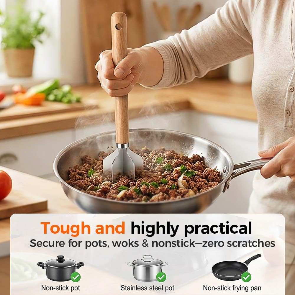 Skiennix 304 Stainless Steel Meat Chopper - 6 Blade Ground Beef Masher with Wooden Handle | Versatile Kitchen Tool