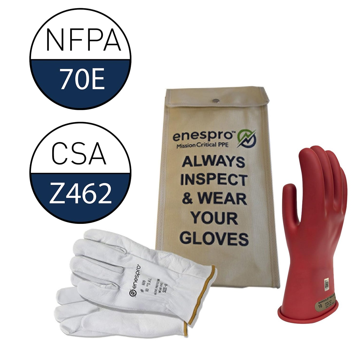 Enespro Class 00 Electrical Gloves Kit, 500V AC / 750V DC Red Insulated Rubber Gloves with Leather Protectors, Electrical Work Gloves for Linemen, and Utility Workers