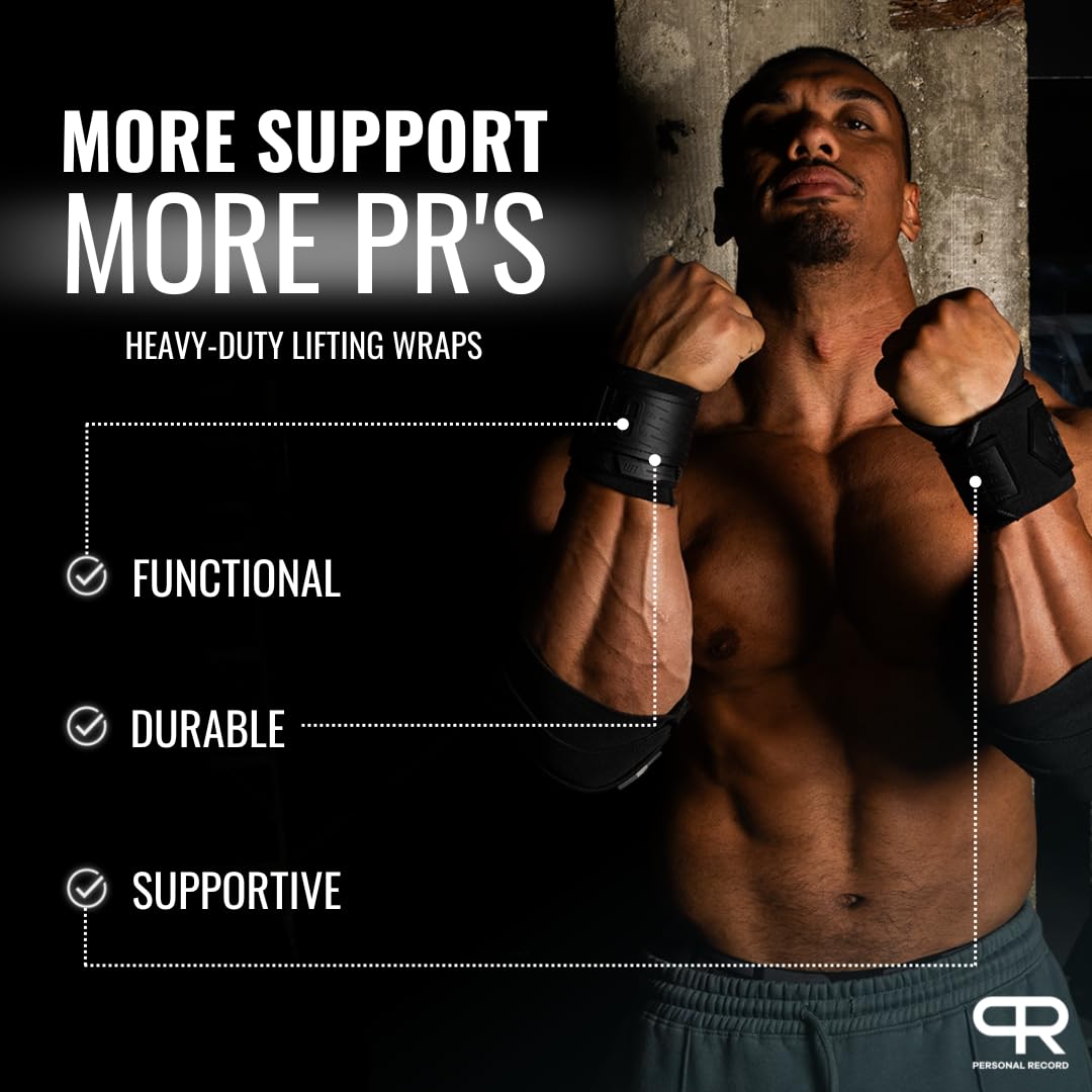 PR Personal Record Heavy Duty Premium Wrist Wraps, More Elasticity, Reinforced Stitching, Extra Wide Strap, Strong Thumb Loop, Larry Wheels Weightlifting Wraps, Lifting Wrist Wraps - All Black