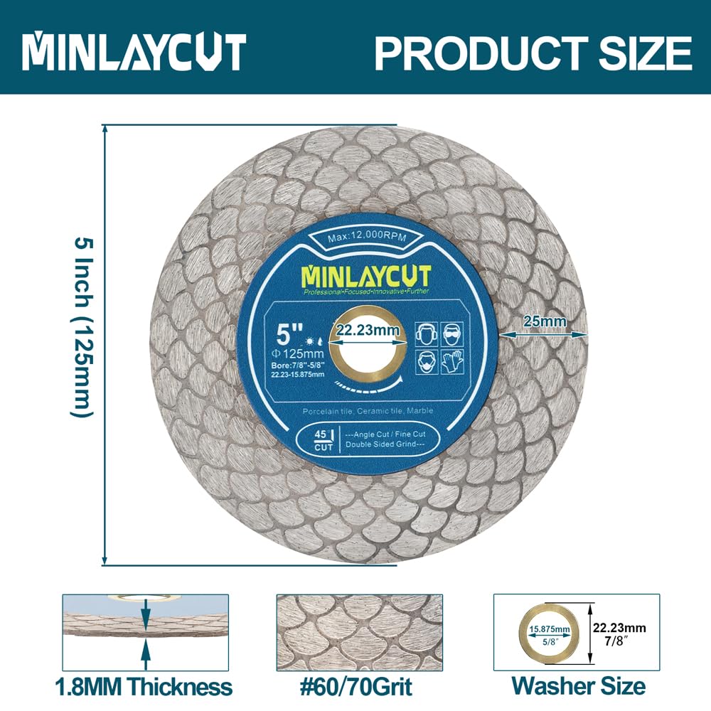 MINLAYCUT Diamond Tile Saw Blade 5" 125mm Cut Off Wheel and FACHLICH Tile Hole Saw Kit - 12pcs Diamond Core Drill Bits Set 1/4" 5/16" 4/5" 1" 1-3/8" 2" 3" 4"