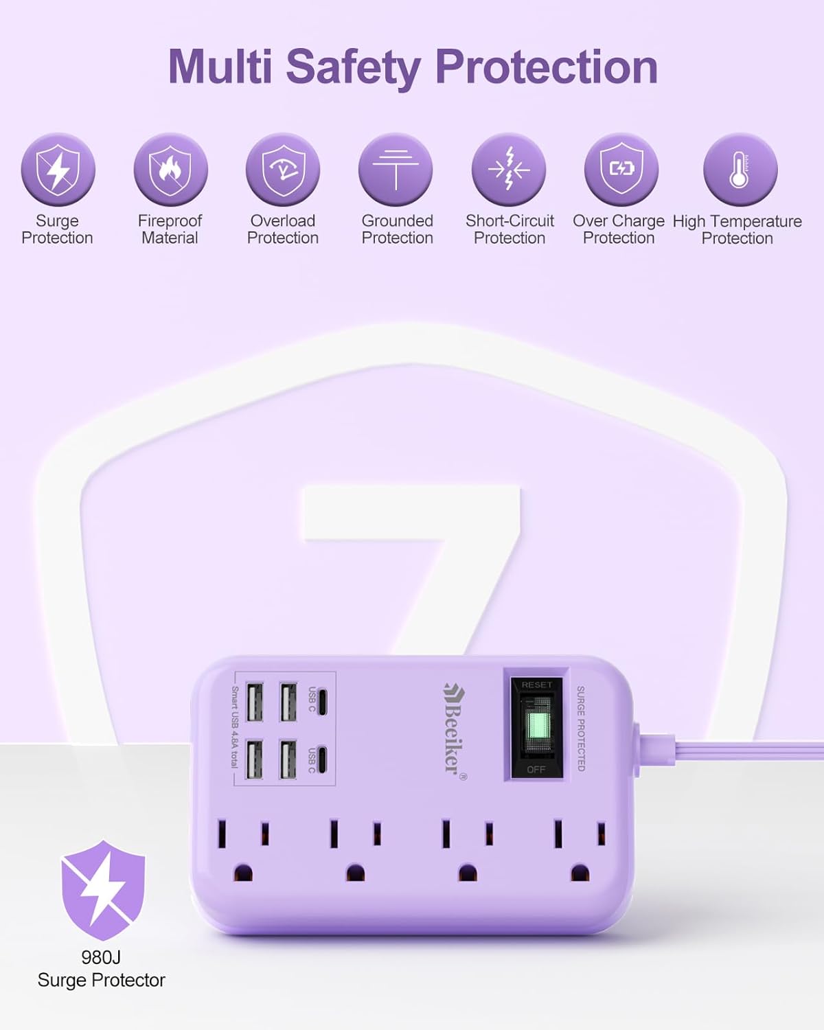 Beeiker 6 USB(2 10 24W 4 USB C) Purple Surge Protector Power Strip- Ft Purple Extension Cord with USB Charging Station