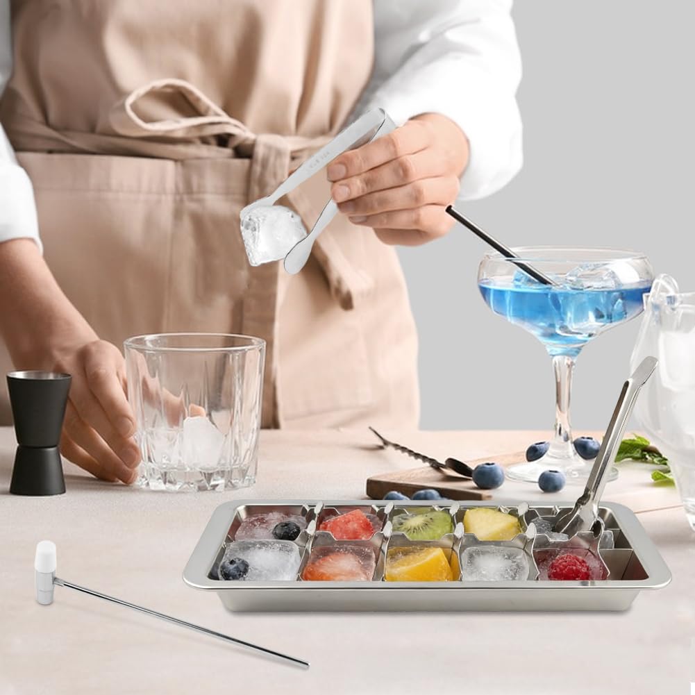 Stainless Steel Ice Cubes Tray With Ice-Clips,Hammer,10 anti-cut Finger Cots,(11", 18 cubes) Metal Ice-Tray with Release Lever Remove Handle for Making Various Ice-Cubes(silver,Size:11inch)