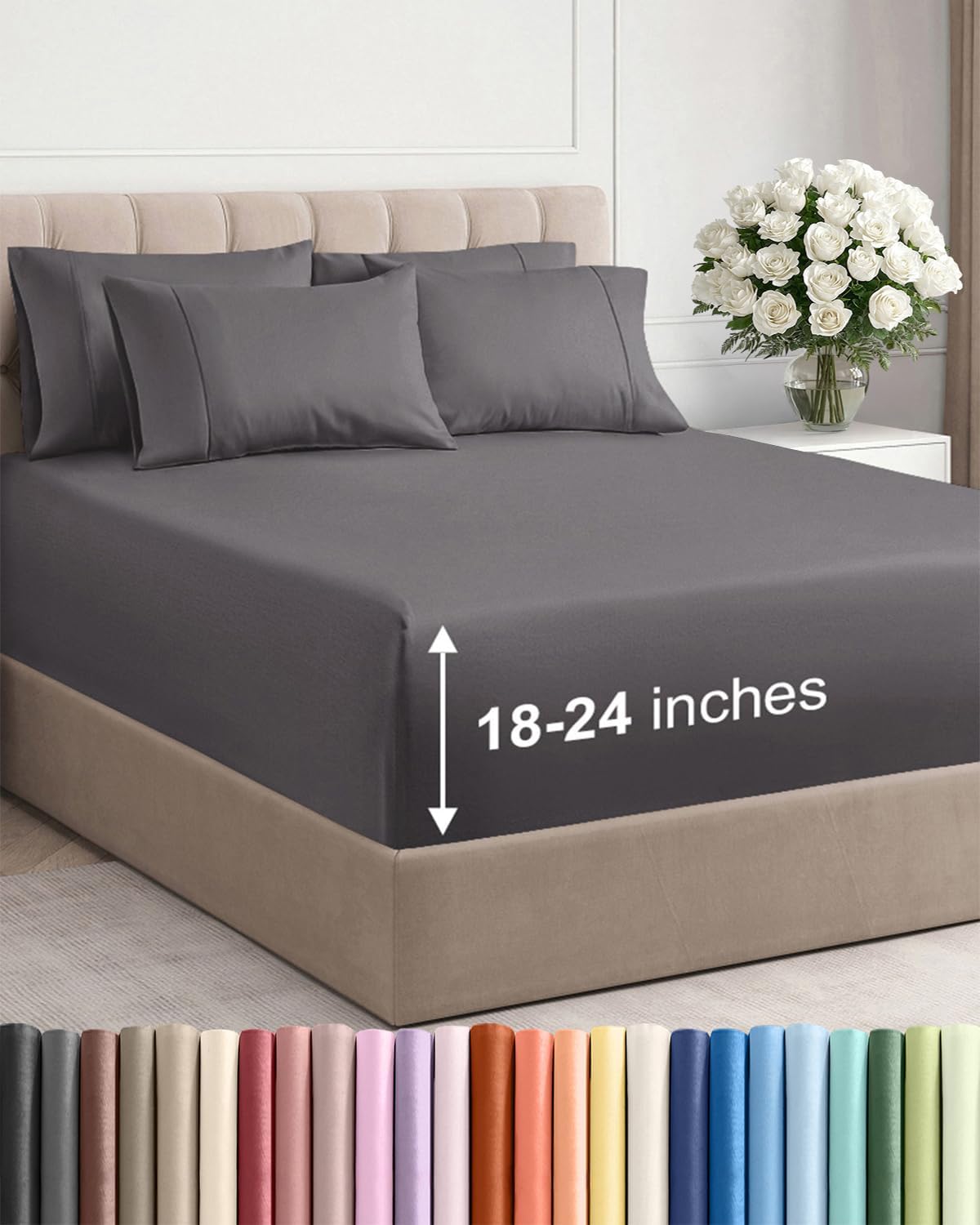 Skiennix Extra Deep Queen Sheet Set | 6-Piece Breathable Cooling Bedding - Soft, Wrinkle-Free Grey