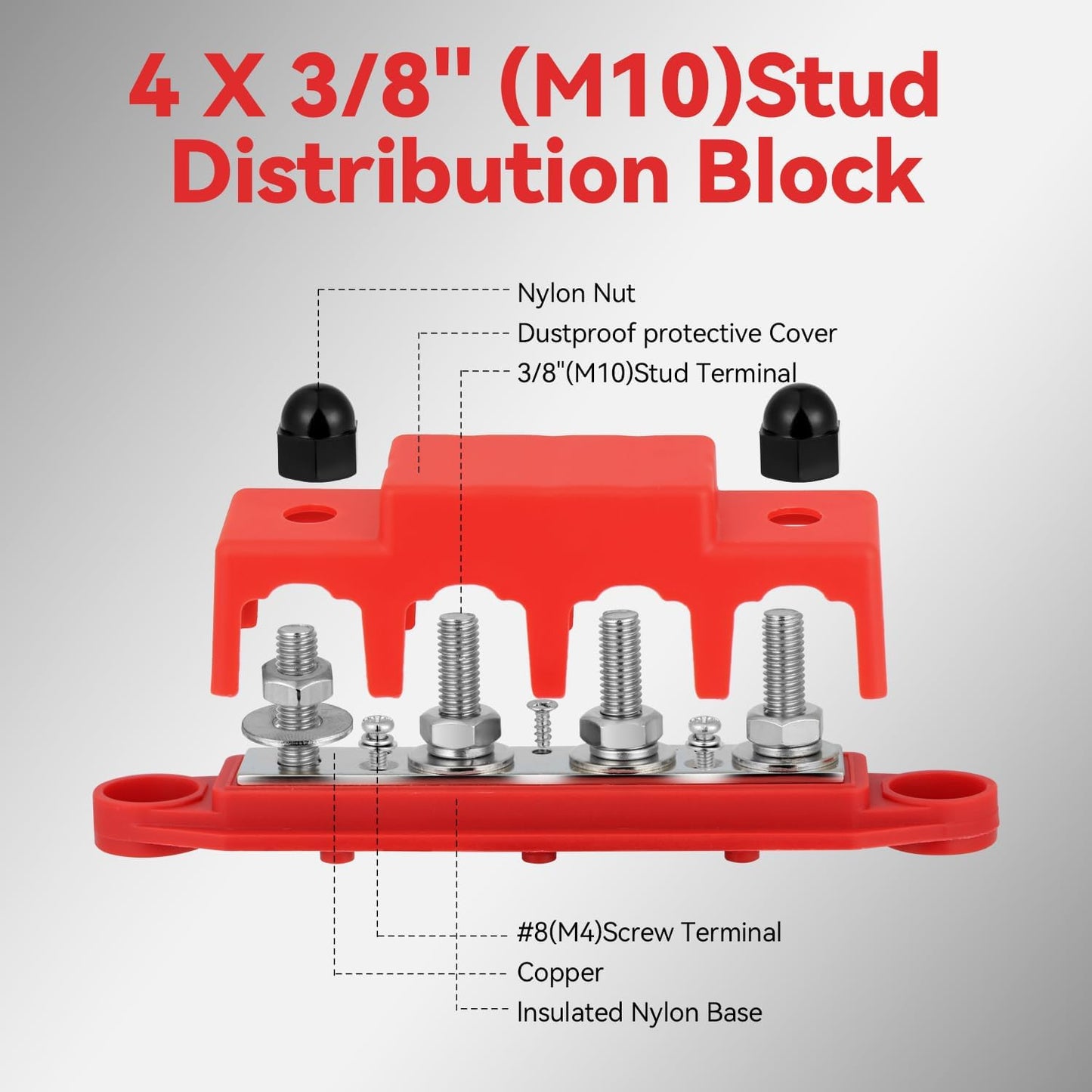 3/8'' 4 250 (250A, 3/8'', Heart Horse Power Distribution Block Bus Bar Terminal Stud Post with Cover Amp Rating