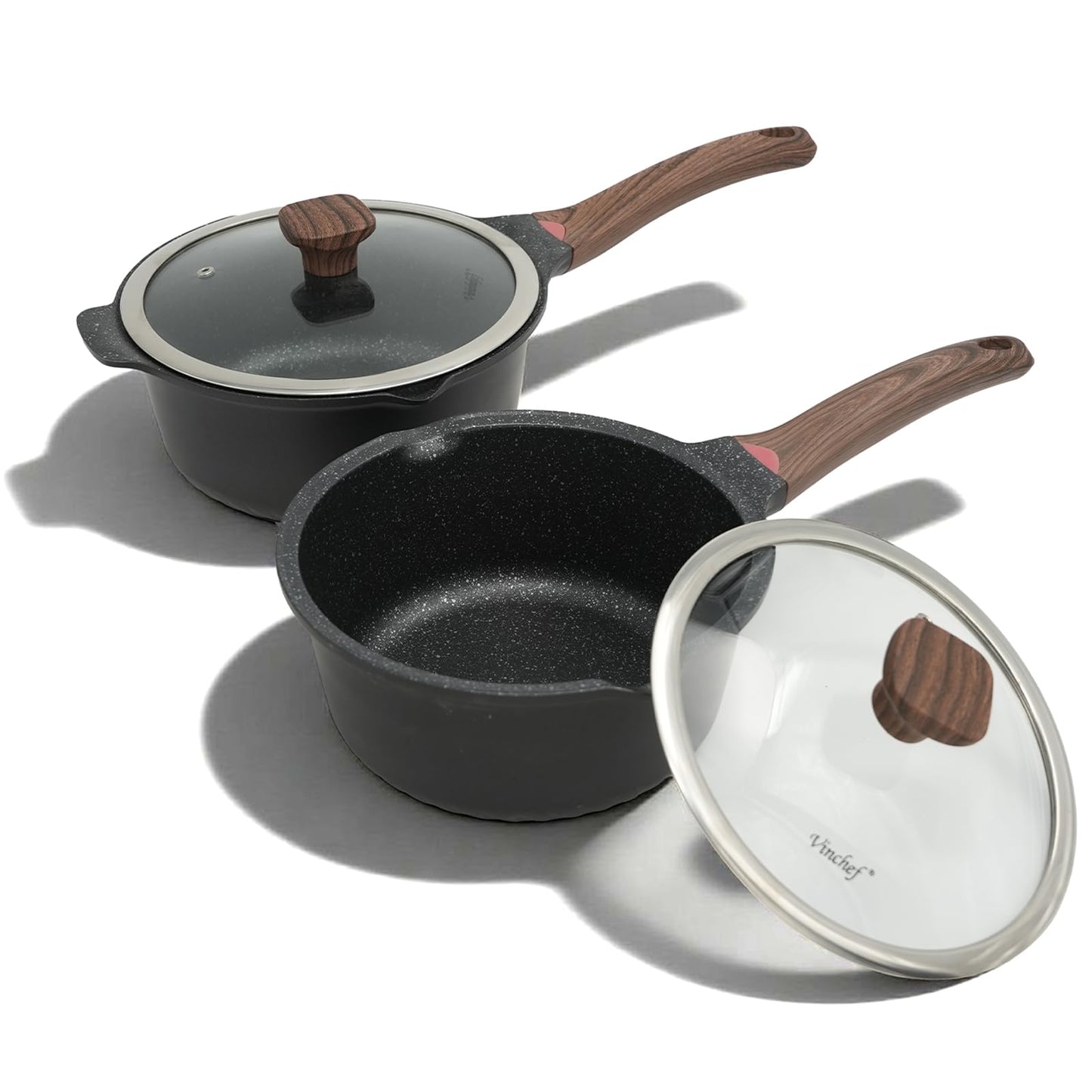 Vinchef New Nonstick Sauce Pot Set with Lids, 3QT Saucepan & 4QT Saucepot,Dishwasher Safe,Induction Compatible, Scratch/Stain Resistant, Stay-Cool Handles, PFAS-Free, Black