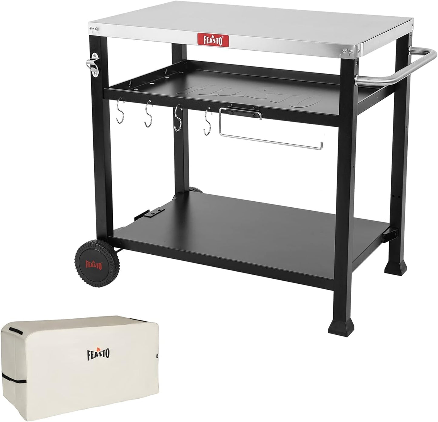 Feasto 3-Shelf Pizza Oven Table 33.5" x 21.7" Stainless Top, Rolling Outdoor Grill Cart with Waterproof Cover for Pizza Ovens & Griddles, Heavy-Duty BBQ Prep Station for Patio & Deck, Black