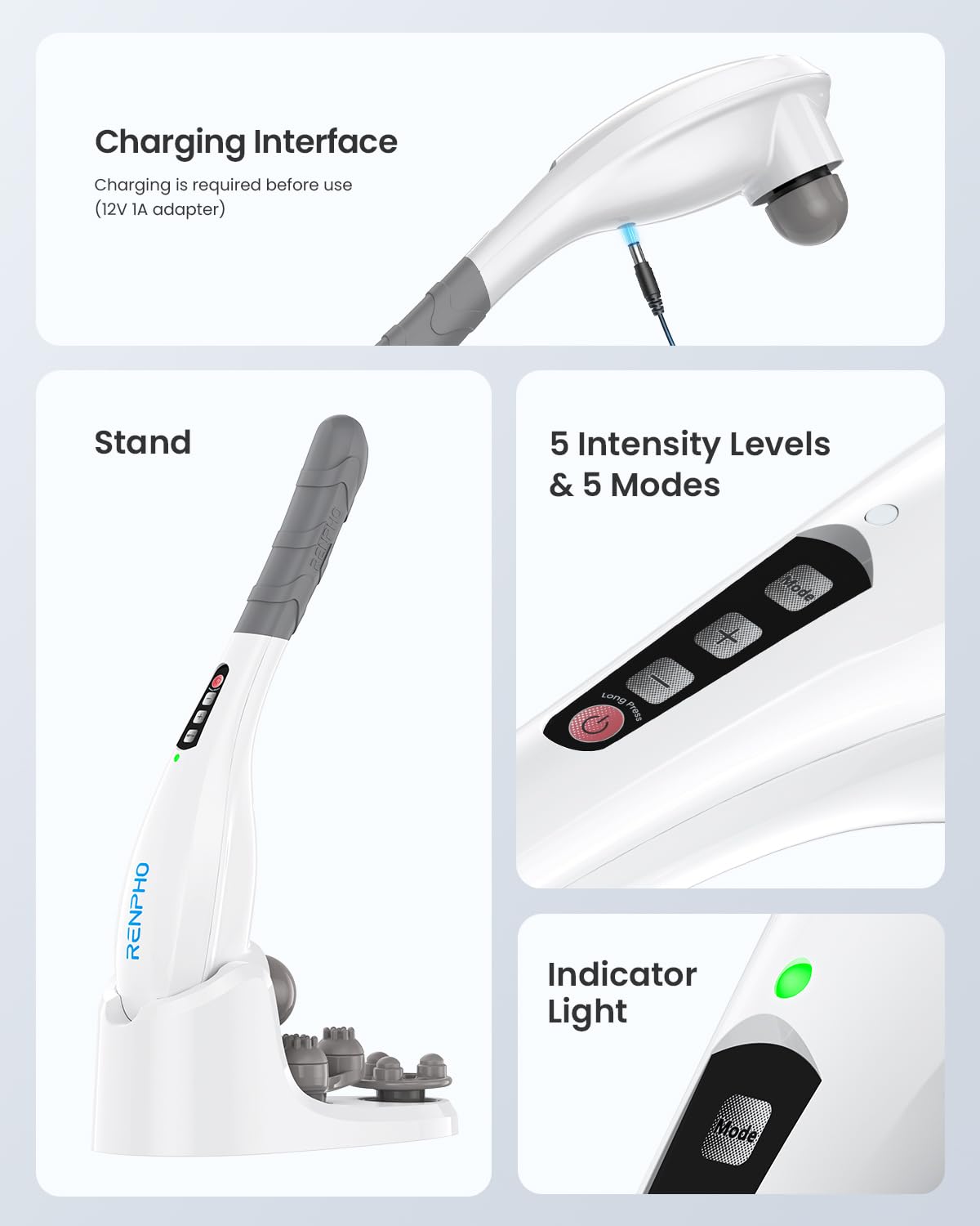RENPHO Rechargeable Handheld Back Massager with 5 Adjustable Speeds & Modes, Fathers Day Dad Gifts, Cordless Electric Neck Massage Tool for Muscle Relief, Tailored Intensity for Shoulder, Leg, Calf