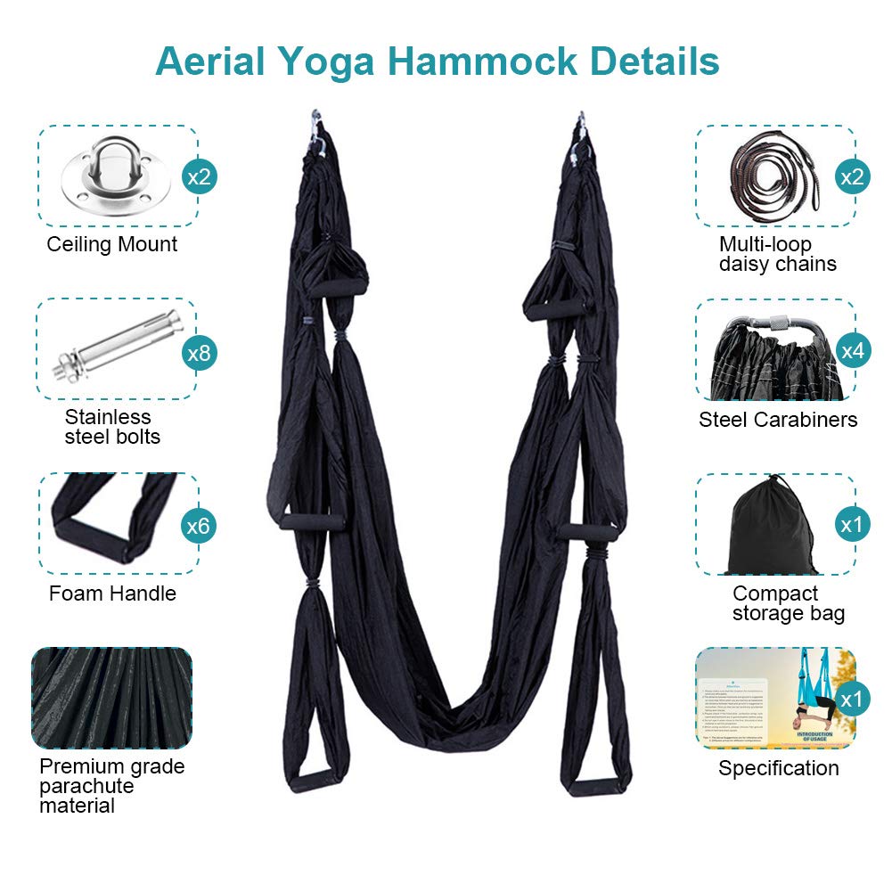 Aerial Yoga Swing Set Trapeze Hammock Kit Ultra Strong Antigravity Flying Sling Inversion Swing Tool Set for Air Yoga Inversion Fitness (Black)