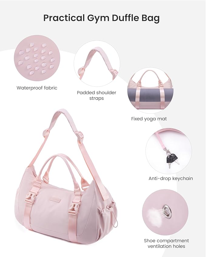 LOVEVOOK Gym Bag for Women Men, duffle bag for travel with shoe compartment, Small Gym Tote Dry Wet Separation, Multipurpose Weekender Overnight Bag, Lightweight Carry On Bag, Light pink