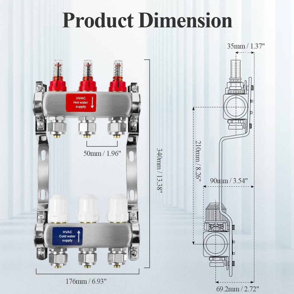 AB 3 Loop PEX/Radiant Manifold, 1/2 Inch Compatible Outlets, Up to 1.3 GPM Flow Valve for Hydronic Radiant Floor Heating(1/2" Connectors Included)