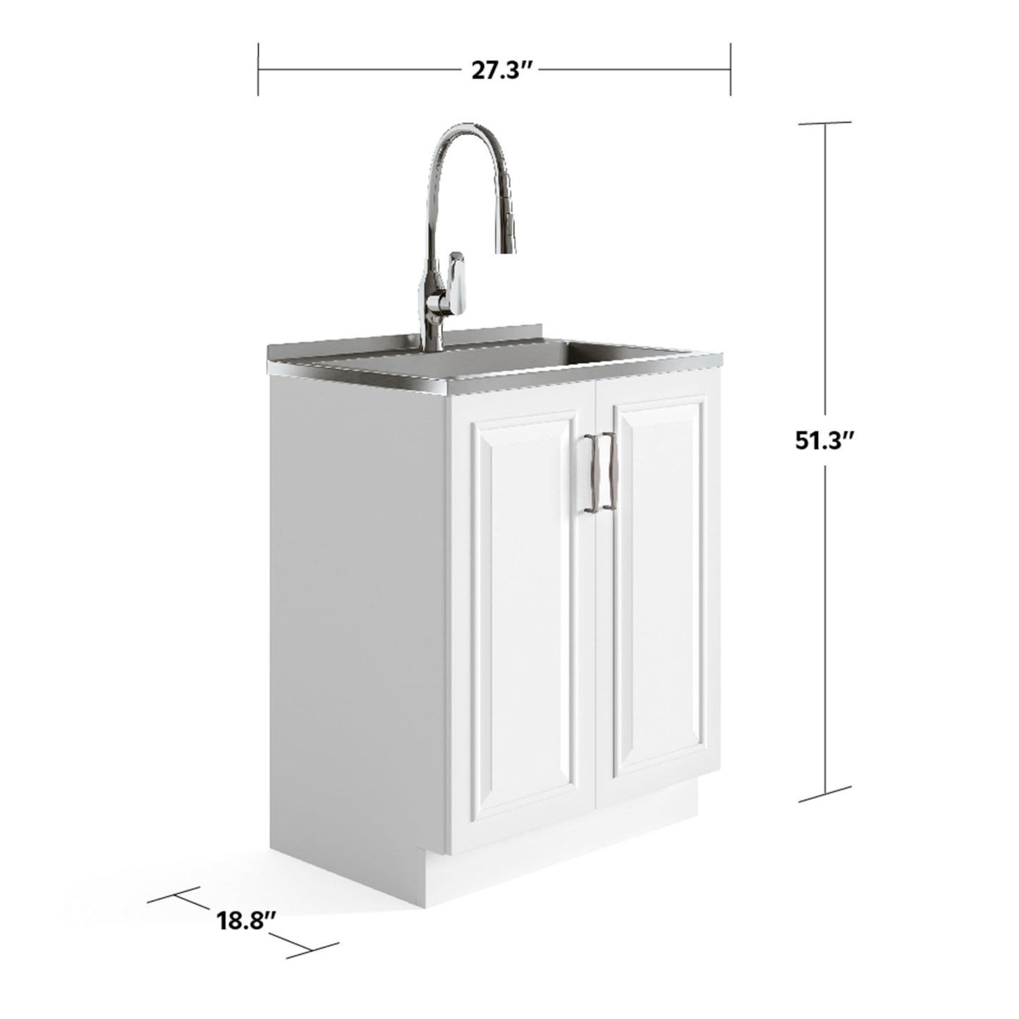 SIMPLIHOME Darwin All-in-One 28 inch Wide Utility Sink and Laundry Cabinet in Pure White Finish, Transitional Stainless Steel Sink Cabinet for Laundry Rooms with High-Arch Pull-Out Faucet and Storage