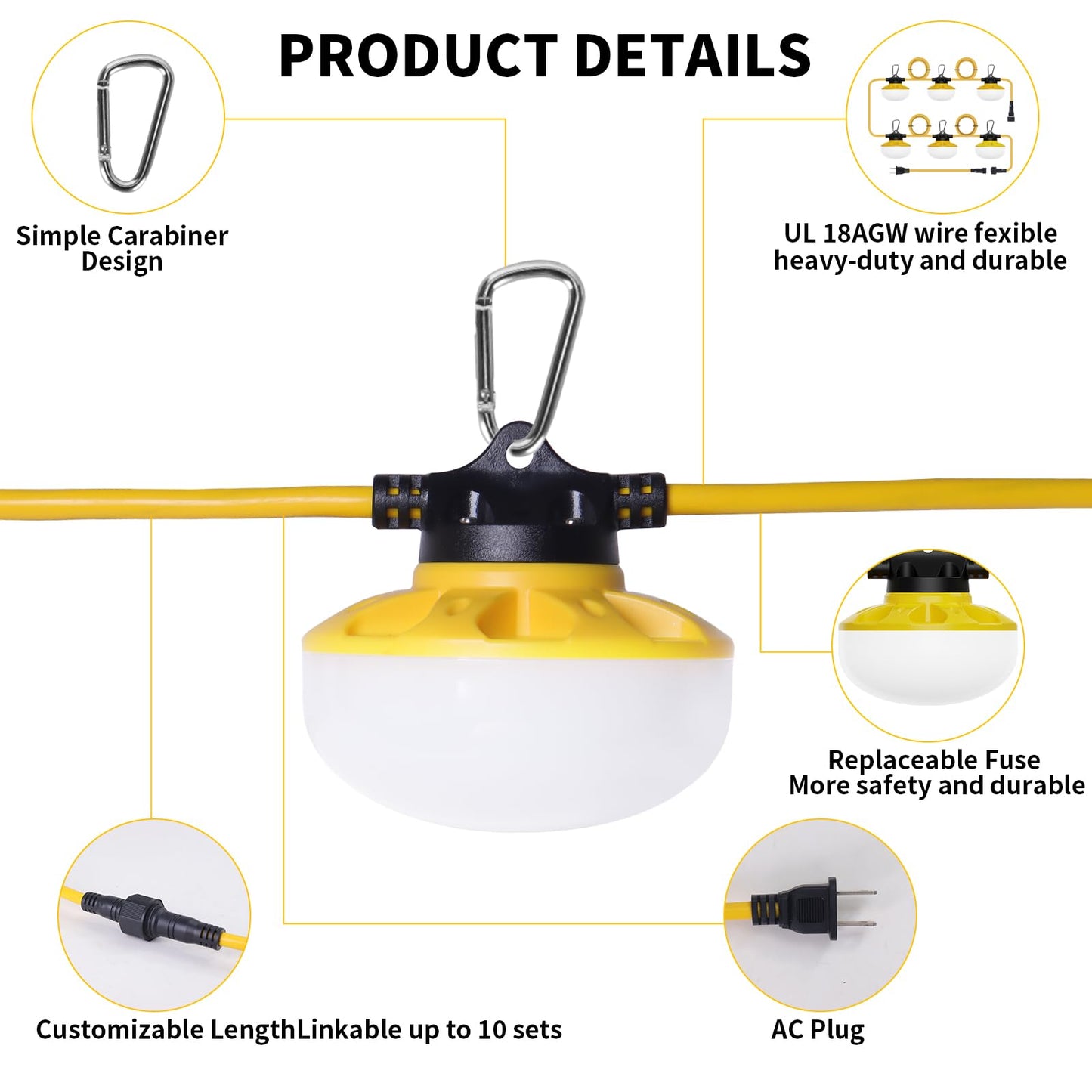 Phylosal 150FT LED Construction String Lights, 135W 18900LM LED String Work Lights with 15 Bulbs & Hooks, IP65 Waterproof 6000K Industrial Grade Lighting for Renovation, Mine Cave, Job Site, Walkways