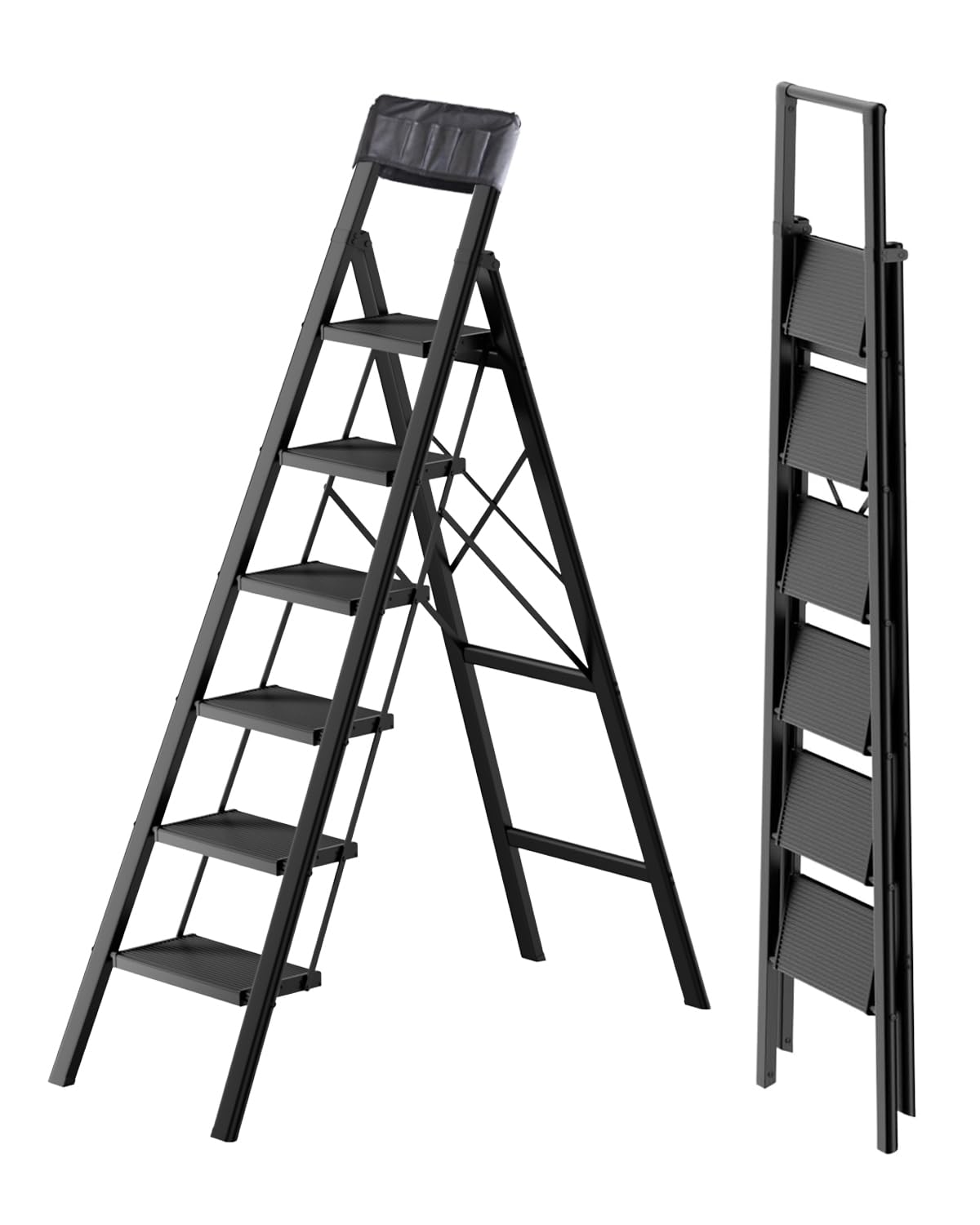 SOLADDER 6 Step Ladder with Handrails, Anti-Slip and Foldable Step Stool with Widen Pedals, Portable Stepladders for Home, Kitchen and Indoor, Space Saving -300lbs (Black)