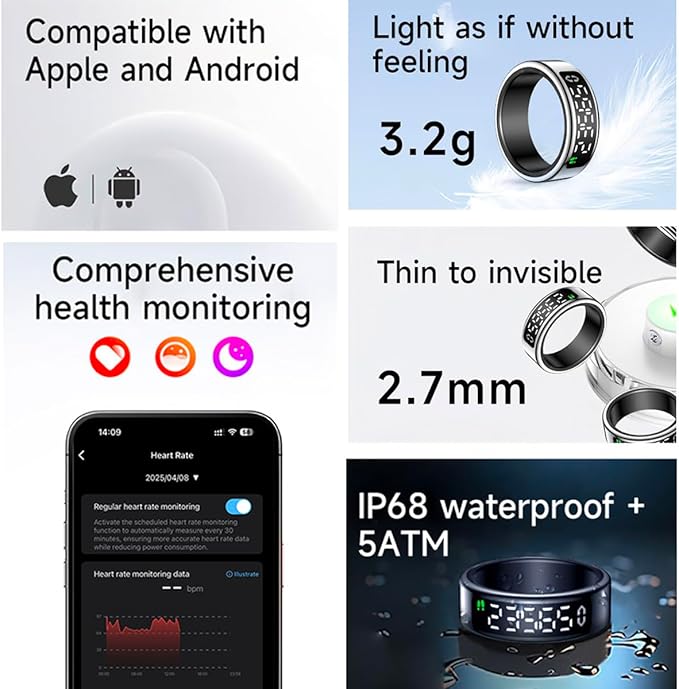 Smart Health Ring with Screen,for Women Men Fitness Tracker with Heart Rate, Blood Oxygen, HRV, Sleep Monitoring, Step Counting, IP68 for iPhone and Android, No Subscription Fee (Gold, 9#)