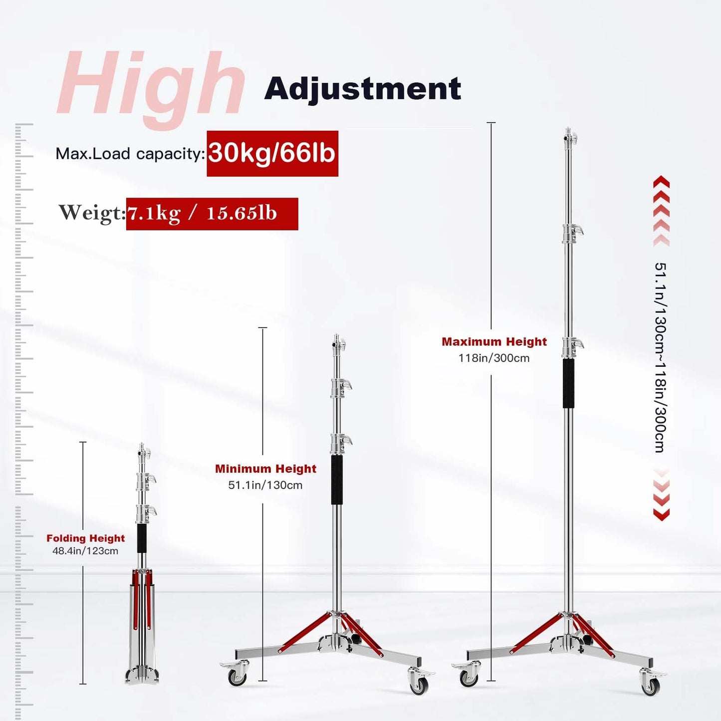 Heavy Duty Light Stand with Casters, 10ft/305CM 100% Stainless Steel 30kg/66lb Load Bearing Adjustable Photography Light Stand with Wheels for Photography Studio Softbox, Monolight