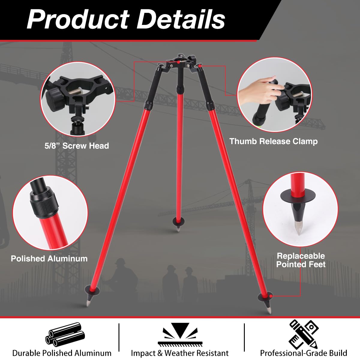 MOETER Aluminum Surveying Tripod with Thumb Release – Surveyor Tripod for Prism Poles, GPS Rods, GNSS Poles – Adjustable Telescopic Survey for Total Station Use (Red)