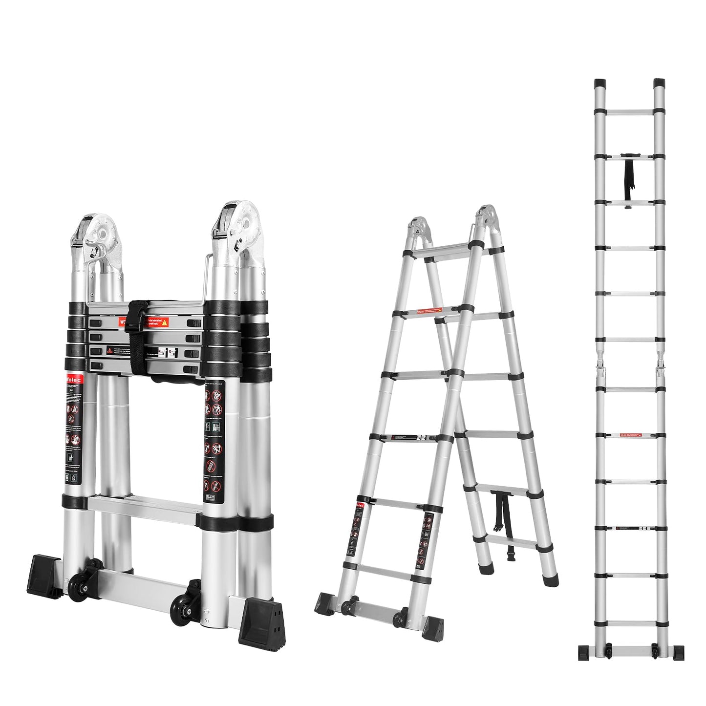 Wolec 12.5 FT A Frame Telescoping Ladder, Extension Multi-Purpose w/Balance Bar & Wheels, Ladder A Frame, Heavy Duty 330 lbs Max Capacity, Ideal for Home and Outdoor Work, Silver