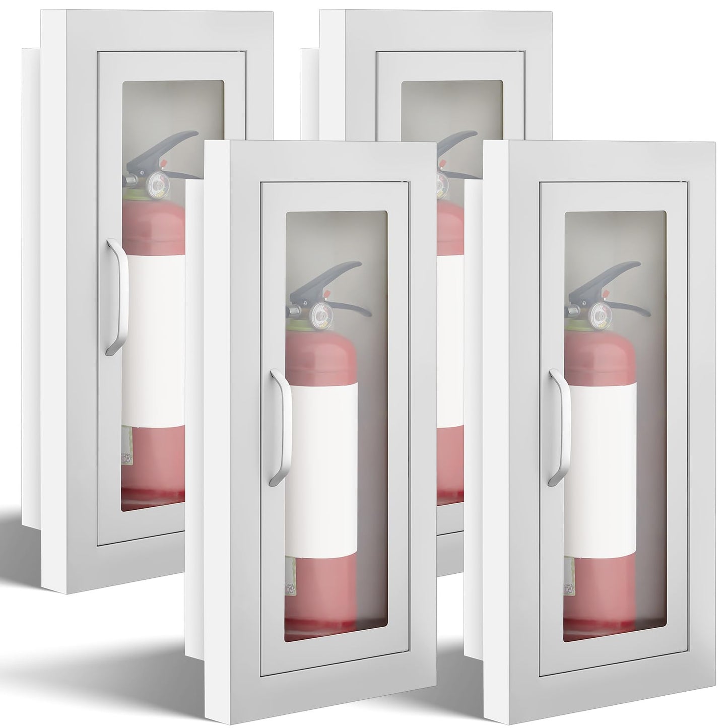 Zonon 4 Pcs Semi Recessed Fire Extinguisher Cabinet Box Steel Recessed Wall Cabinet, Magnetic Door with Handle, Acrylic Window, 2.5 Inch Trim, for 2.5/5/10 lb Dry Chemical Fire Extinguisher (White)