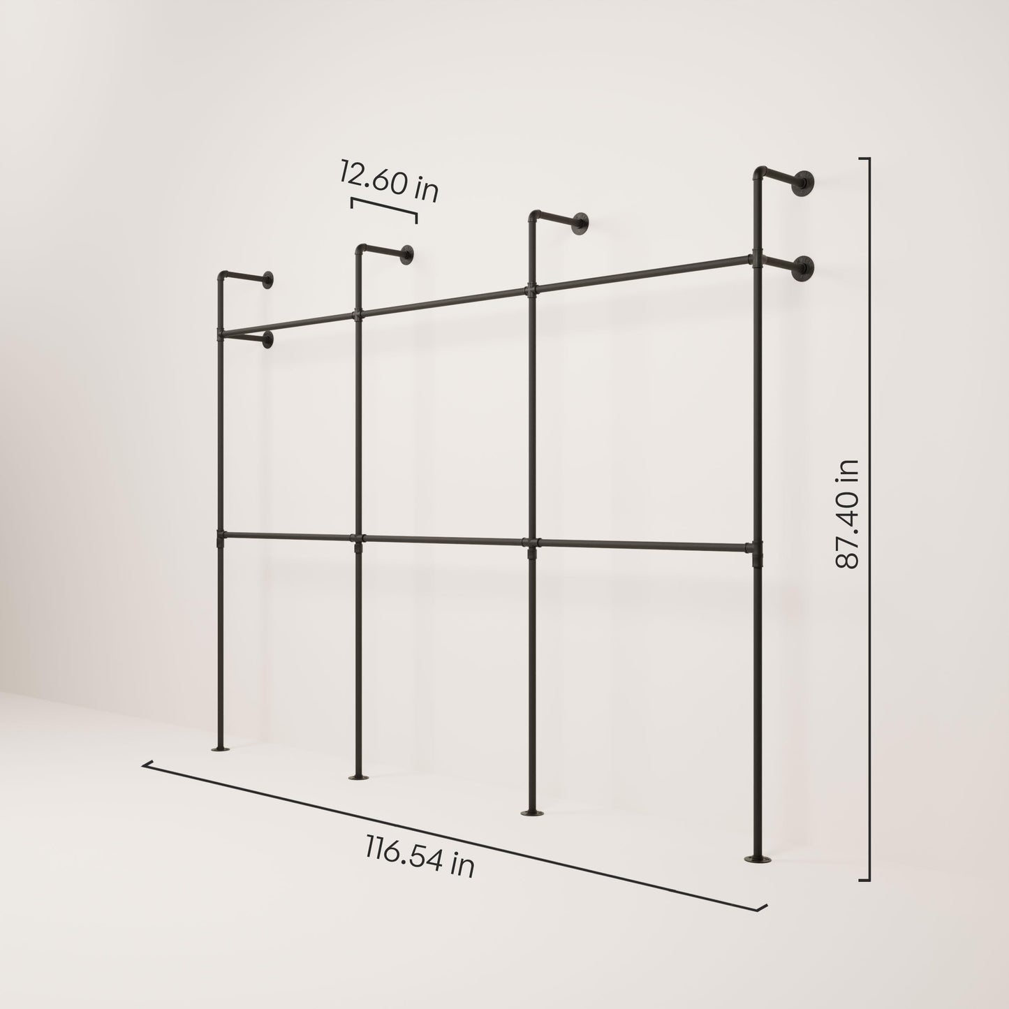 pamo Industrial Pipe Clothing Rack – Wall Mounted Black Closet System in Powder-Coated Steel – 116.54" W × 87.4" H – Easy Setup – Ideal for Walk-In Closets & Retail Use