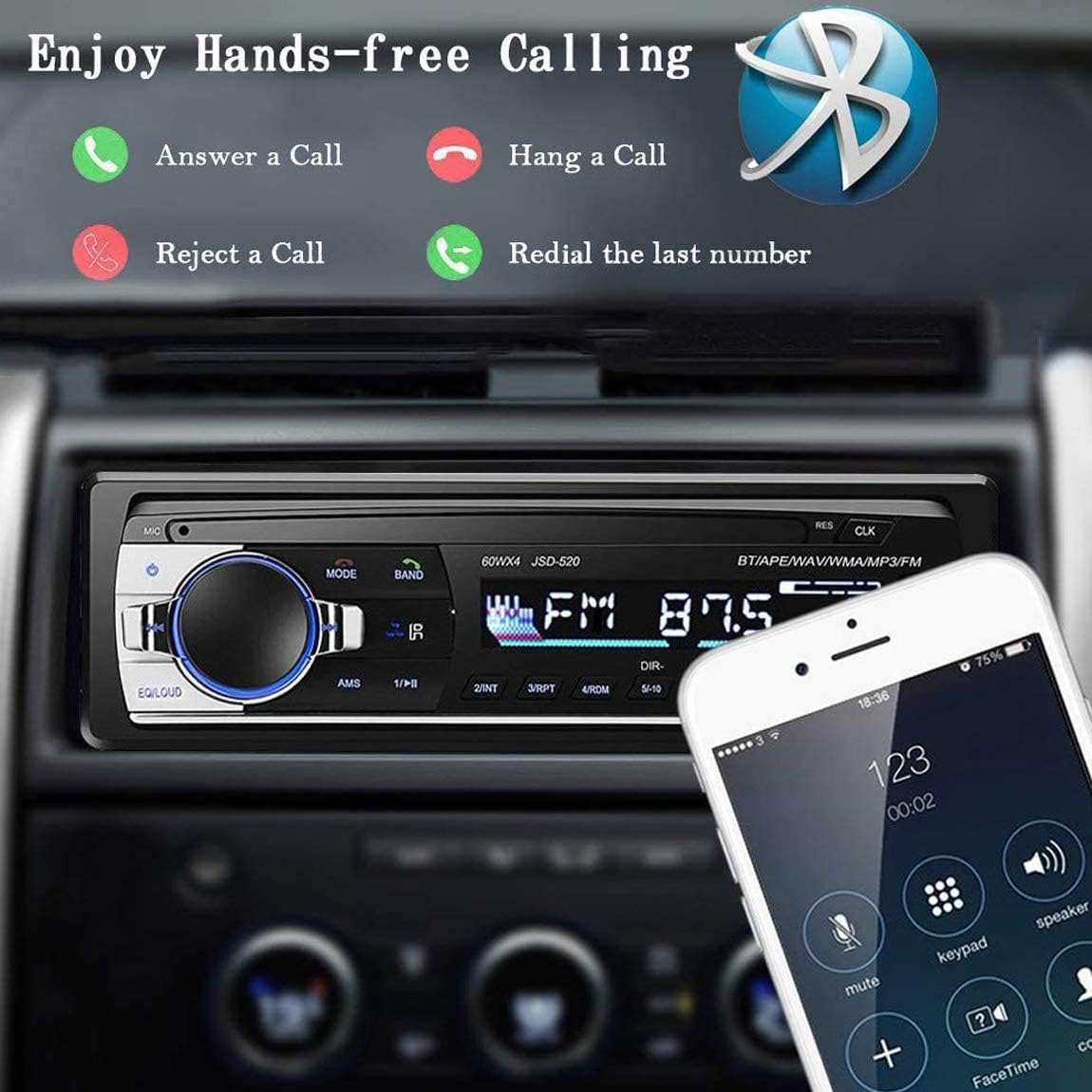 WEPARTICULAR 12V MP3 Single Din Car Stereo Car Radio Receiver Bluetooth Hands-Free, Audio Player USB Port SD Port AUX