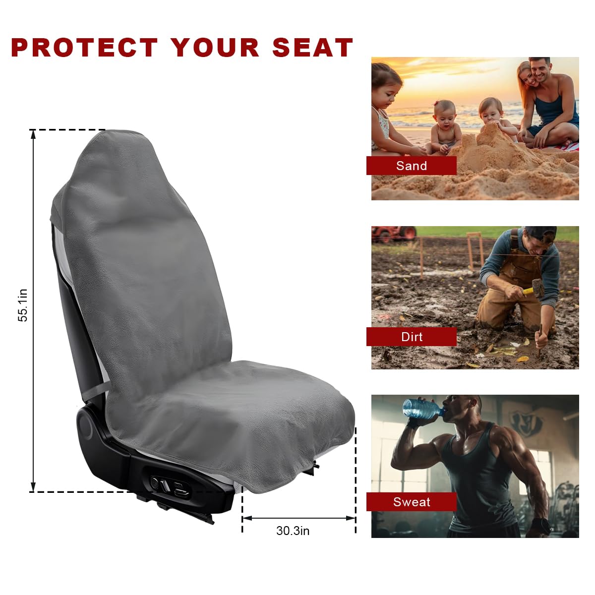 JNXIJ Car Towel Seat Cover, Waterproof Non-Slip Front Seat Protector for Post Gym Workout Beach Hiking, Sweatproof Washable Bucket Seat Protective Cover for Car SUV Truck Sedan (Gray)