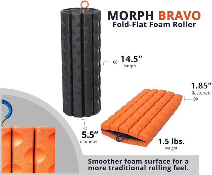 Morph Foam Roller (Bravo-Orange): Collapsible Travel Foam Roller for Back Pain Relief, Workout Muscle Recovery, Back Massager, Deep Tissue Leg Massage, Back Cracker, Stretcher; Small, Portable