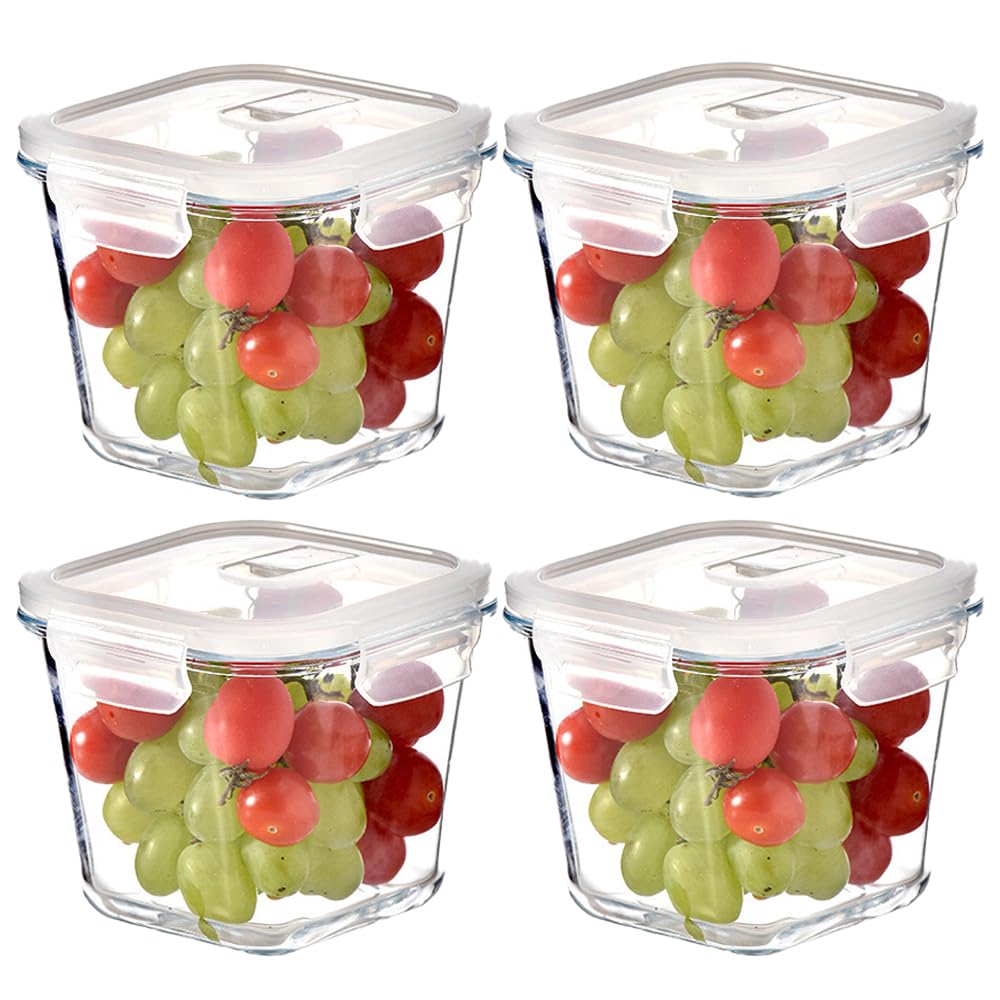 H.JSS WDJS 4 Cup Square Glass Food Storage Container with Lids, Square Glass Soup Container with Airtight Lids, 32 OZ Food Prep Bowls for Leftovers, Salad, Microwave、Fridge、Dishwasher Safe (4 Pack)