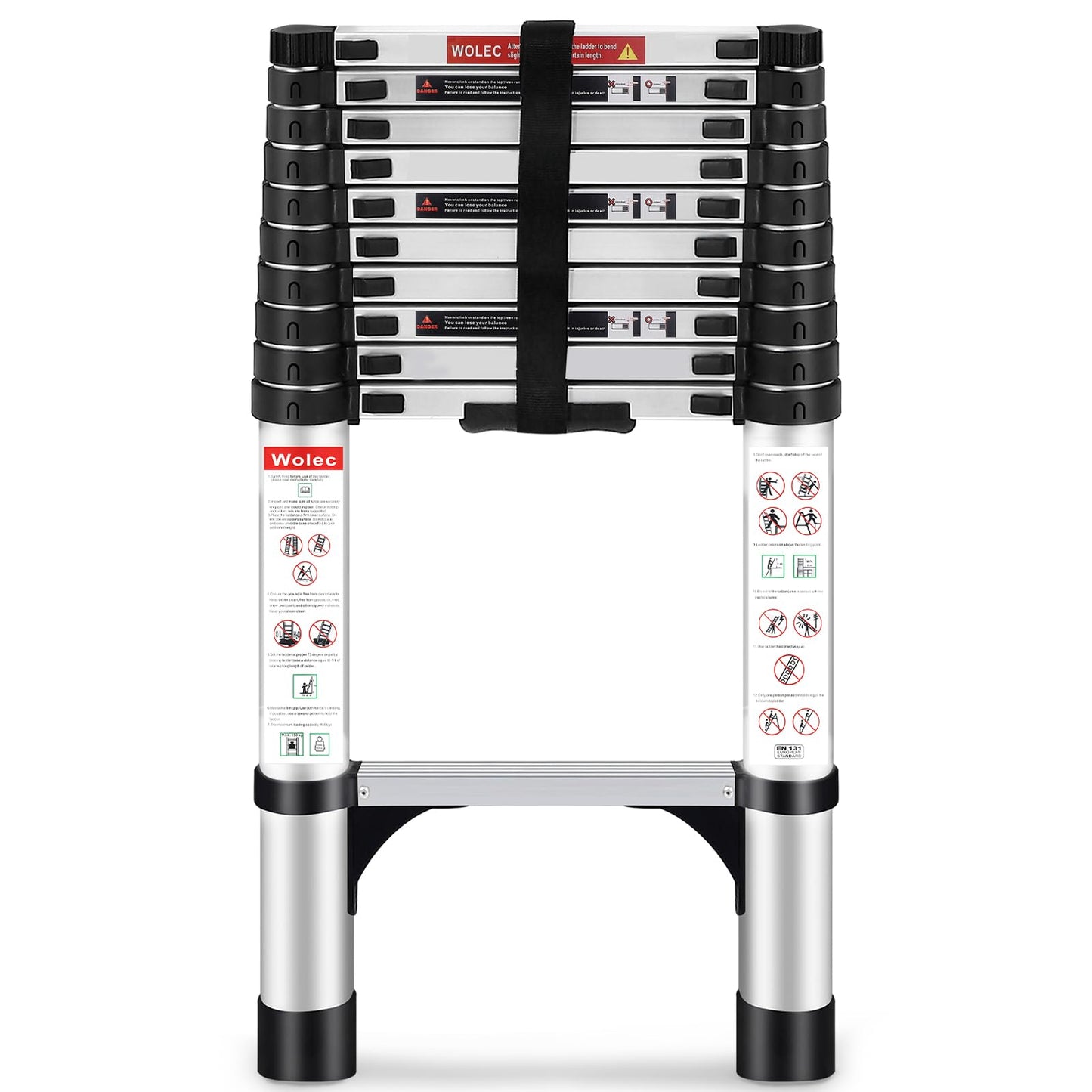 Wolec 10.5 FT Telescoping Ladder, Adjustable Multi-Purpose Collapsible Extension with Stabilizers, Heavy Duty 330 lbs Max Capacity, Ideal for Home and Outdoor Work,Silver