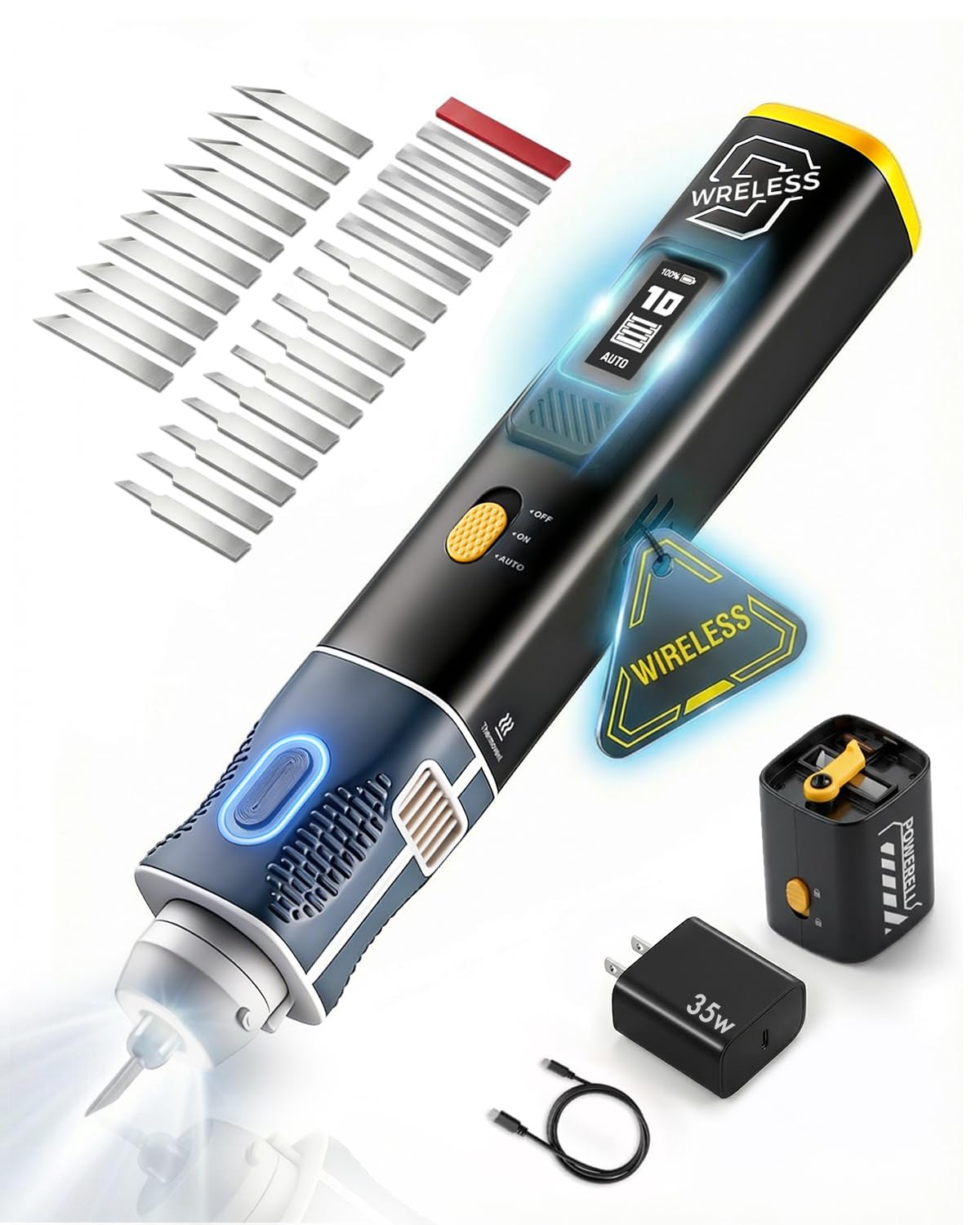VMAN 2-in-1 Wireless Ultrasonic Cutter, Cutting Grinding AI Auto Cooling 40kHz Vibration 35W Auto Power Cordless Knife, 50Pcs Blades – For 3D Printing, Woodworking, Model Mods & DIY, with 35W Charger