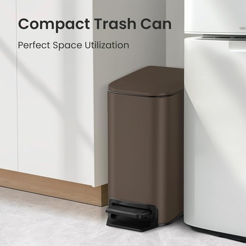 Cesun Stainless Steel Bathroom Trash Can - 6 Liter Soft Close Lid & Step Pedal | Anti-Fingerprint Finish (Brown)