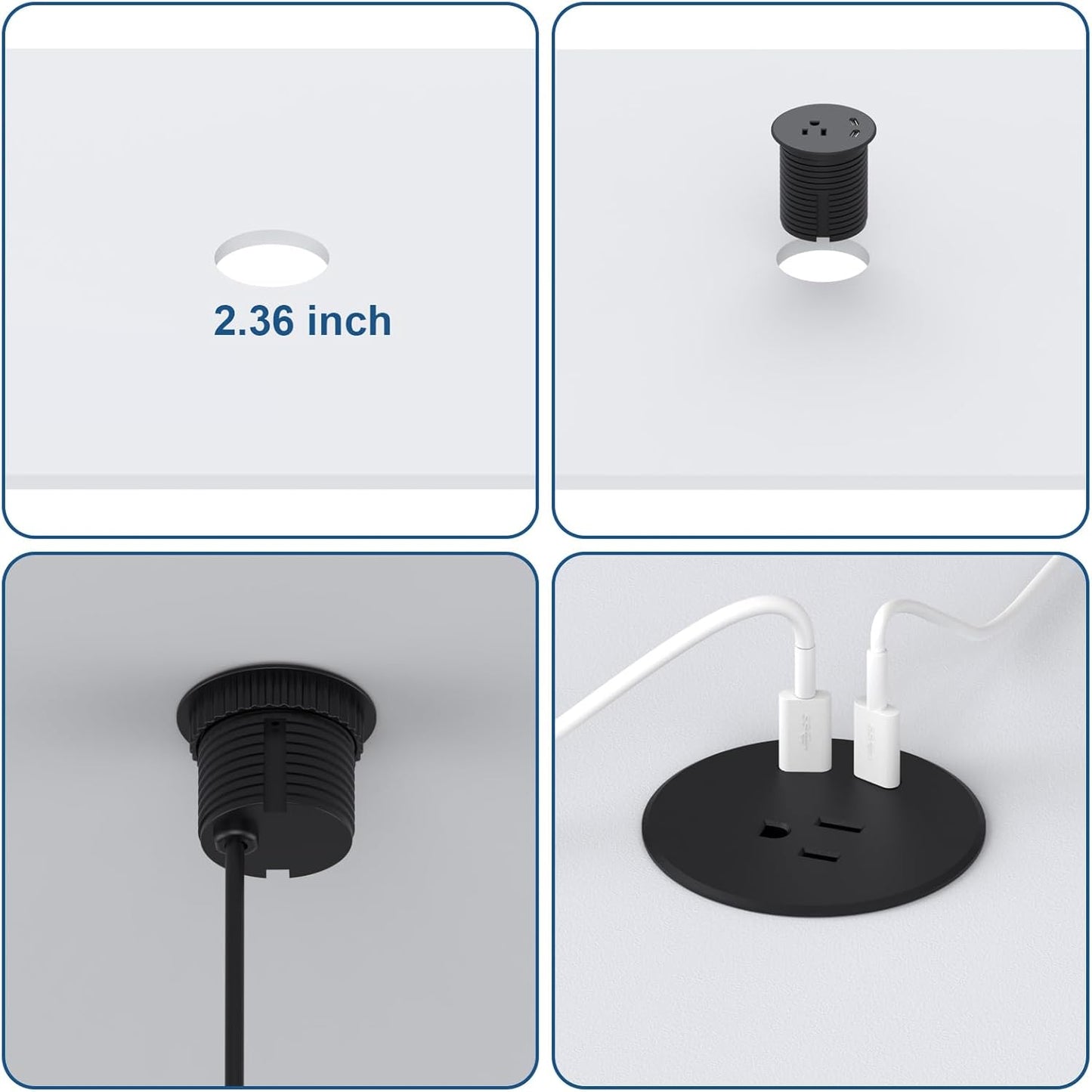 Haylink Grommet, 2X 20W 6.56FT 2.36"(60mm) Desk Power Recessed Power Strip with AC Outlet & PD USB C | Cable | Cut