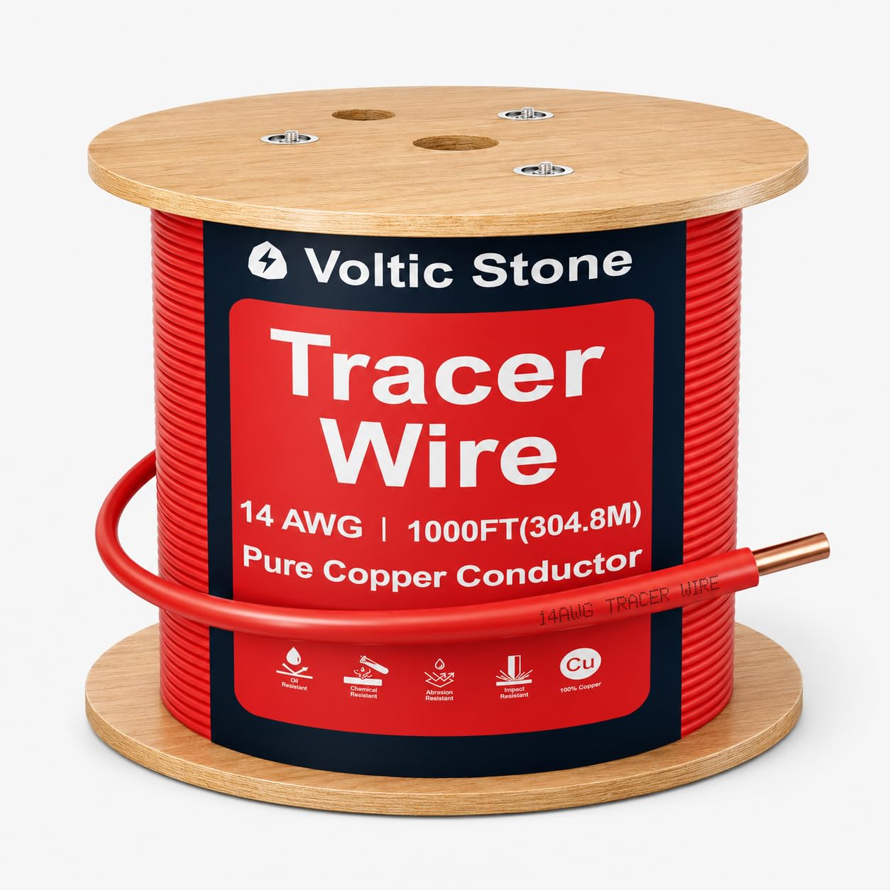 Voltic Stone 14 AWG Red Electrical Conduit Tracer Wire, True Gauge 100% Solid Copper Direct Burial Underground Locating Cable, 30/600V Rated, HDPE Jacket, Corrosion-Resistant for Power Conduit